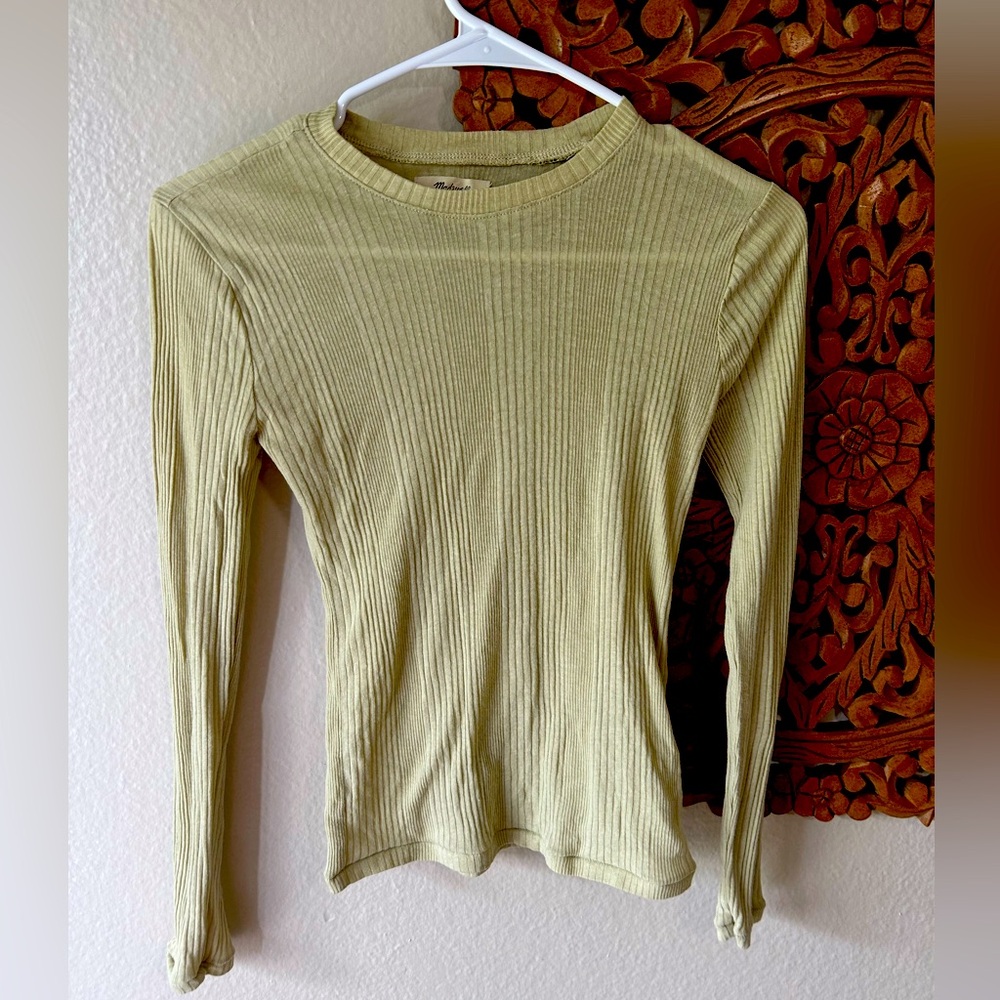 Madewell light green ribbed long-sleeve top.